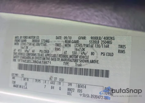 2011 Ford E-250 Commercial z USA, uszkodzony, nr VIN 1FTNE2EL3BDA19871